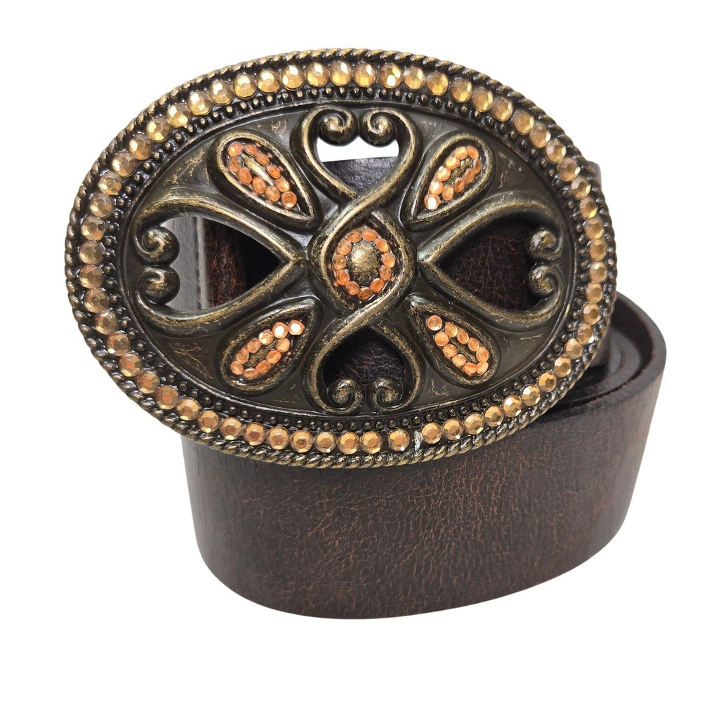 Belt Shak Brown Italian Leather Belt XL Rhinestone Filigree Western Boho Buckle